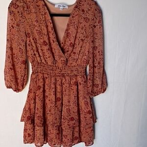 Mimi Chica Women's Boho Rust Floral Tiered Mini Dress Size M